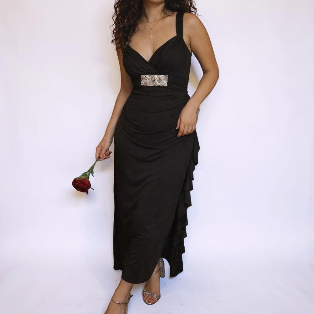 Vintage Y2K Betsy & Adam Rhinestone Ruffle Ruched Black Maxi Dress 12P